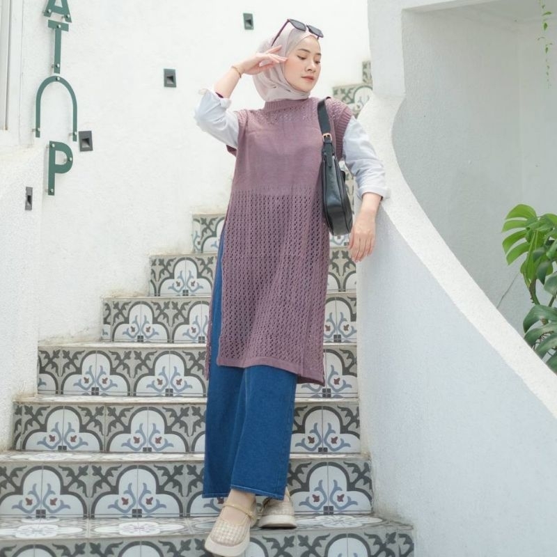 Pussat ❤️ Ginela Cardigan Knit Rajut Vest Outer Jaring Belah Samping Ruby Tunik Rajut Rompi Atasan W