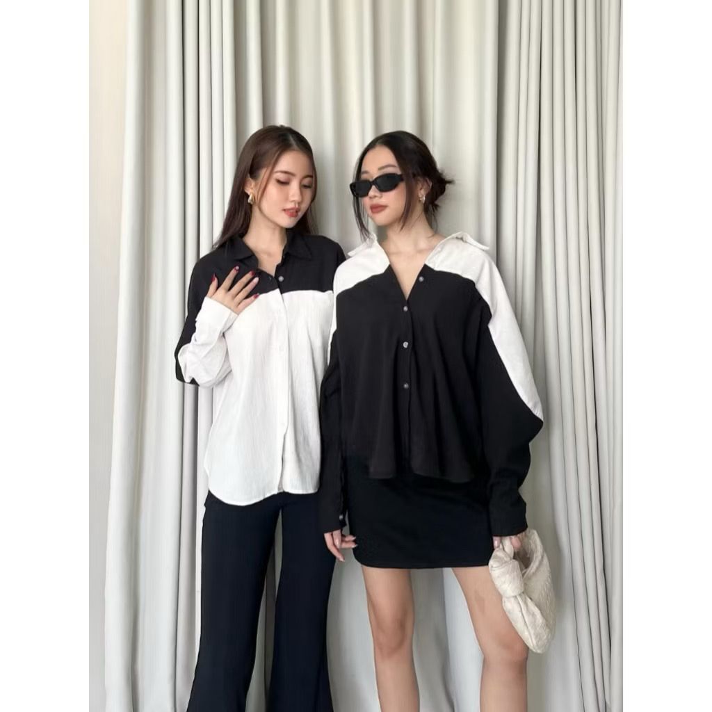 Kemeja Wanita TwoTone / Kemeja Wanita Dua Warna Bahan Rayon Twill / Kemeja Wanita Oversize Kombinasi
