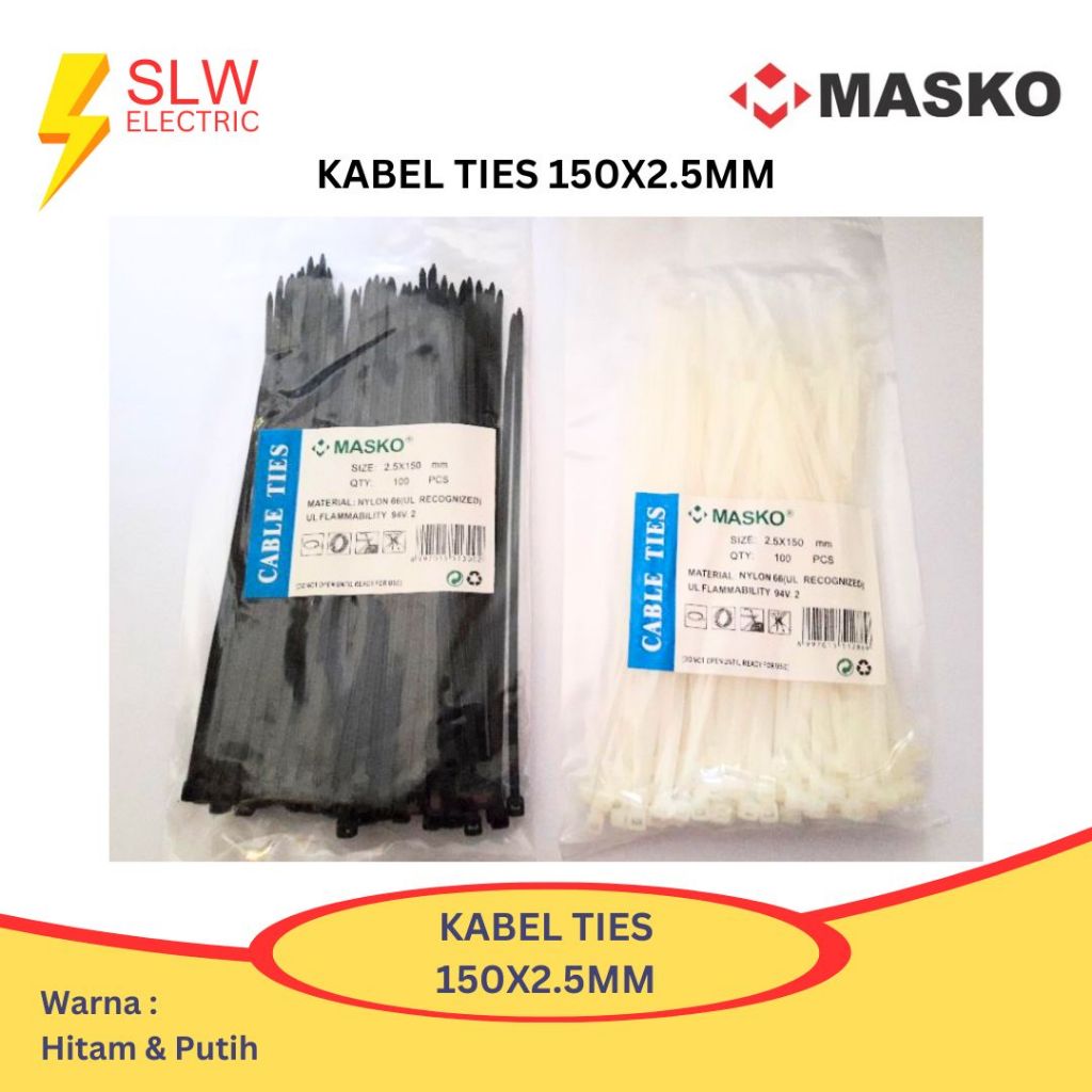 

MASKO KABEL TIES SABUK KABEL 150X2.5MM 150 X 2.5MM HITAM PUTIH NYLON 100PCS