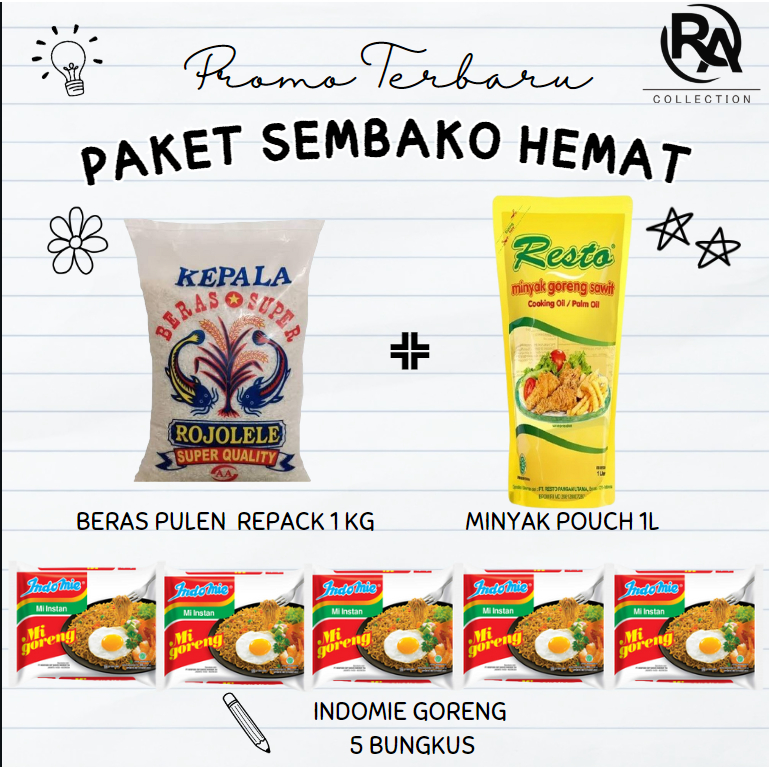 

Paket Sembako Murah Beras 1kg + Resto 1Liter + 5 Bks Indomie - Rafka Aulia Collection