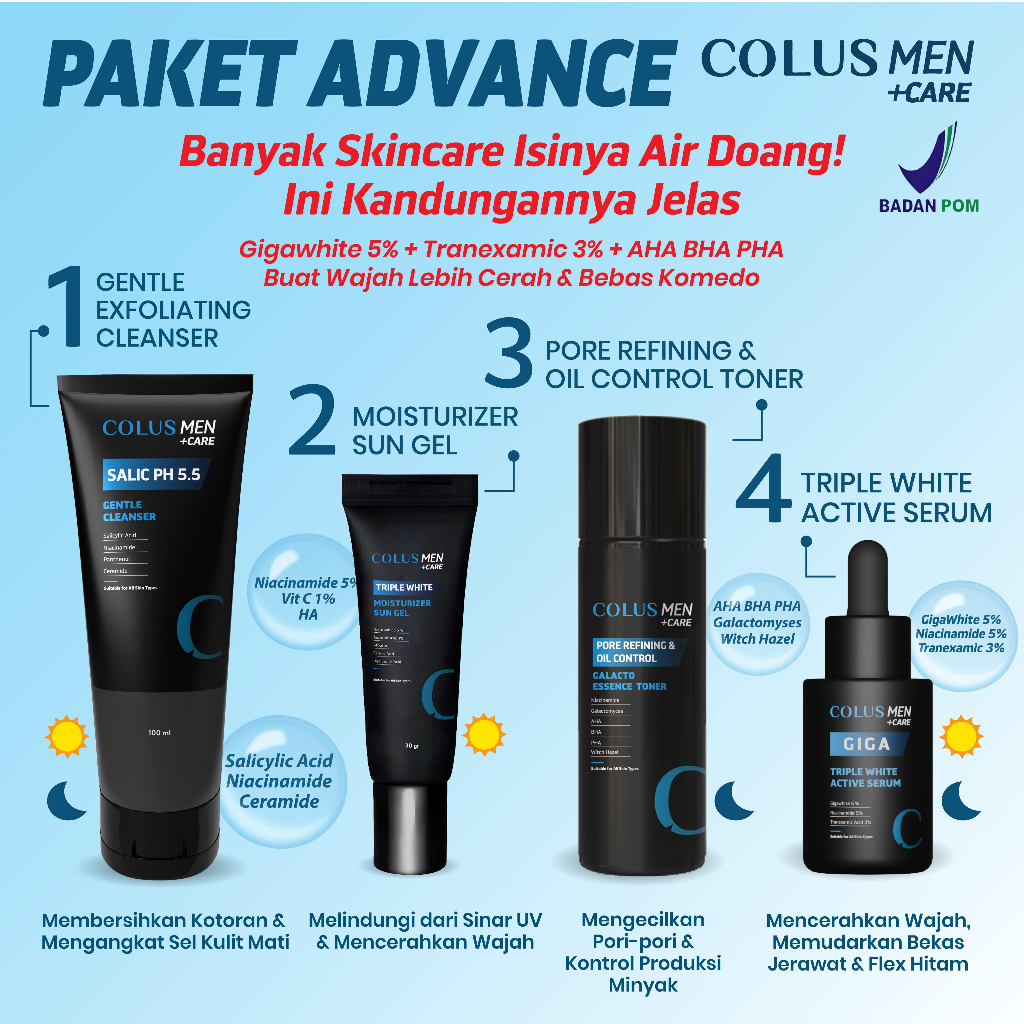 Paket Skincare Pria  PAKET ADVANCE |Colus Men | skincare cowok | pemutih wajah pria