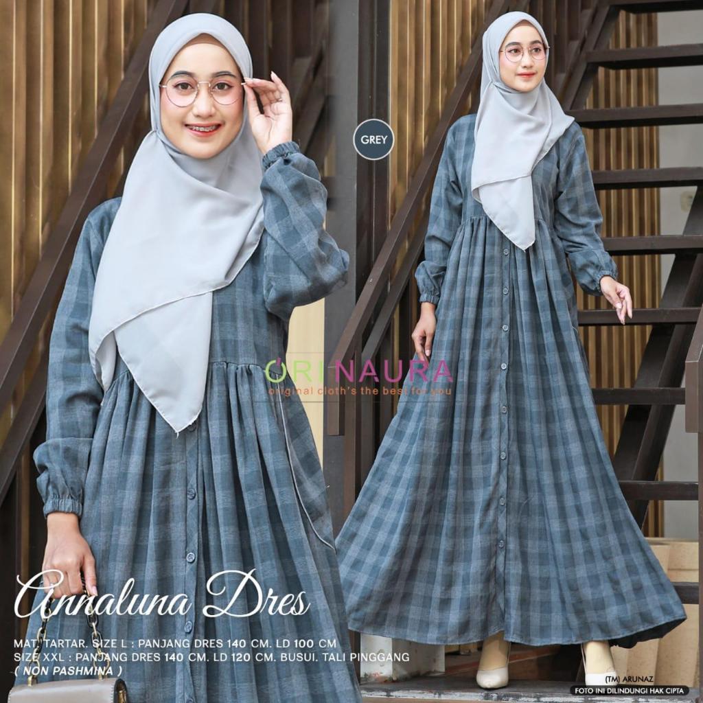 Gamis Wanita Muslim Annaluna Dress / Tartar Midi Flanel OriNaura / Gosha Jumbo L XL