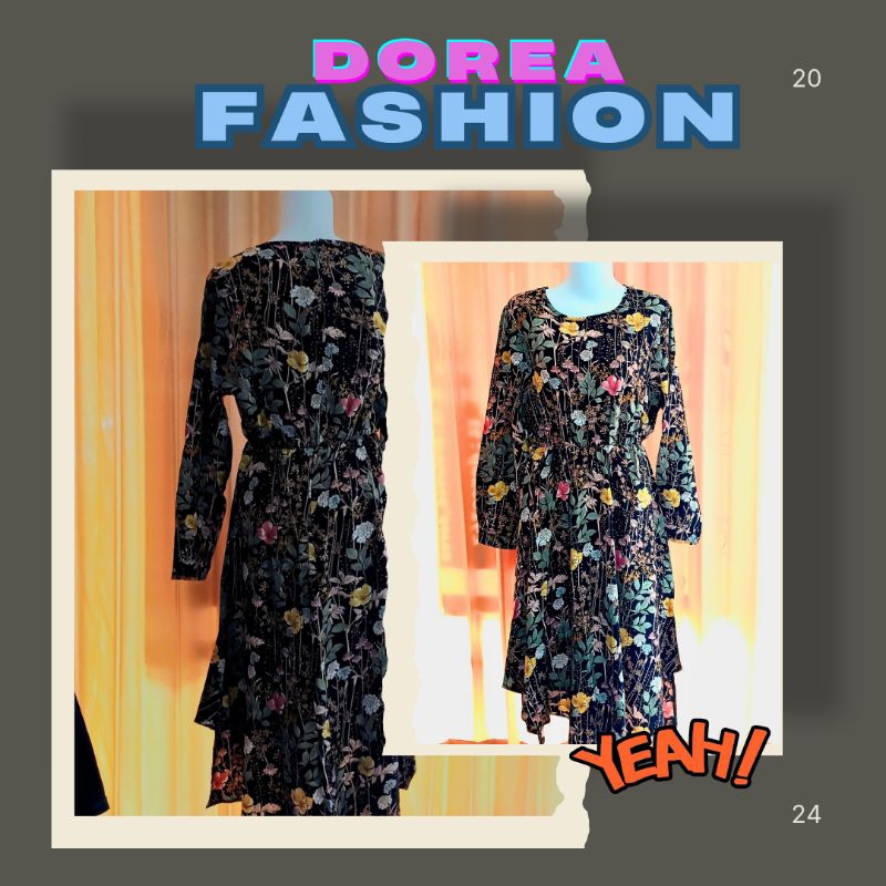 midi dress wanita warna hitam dengan motif bunga Casual Dewasa