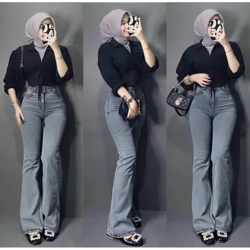 CELANA JEANS HIGHWAIST WANITA ABU-ABU