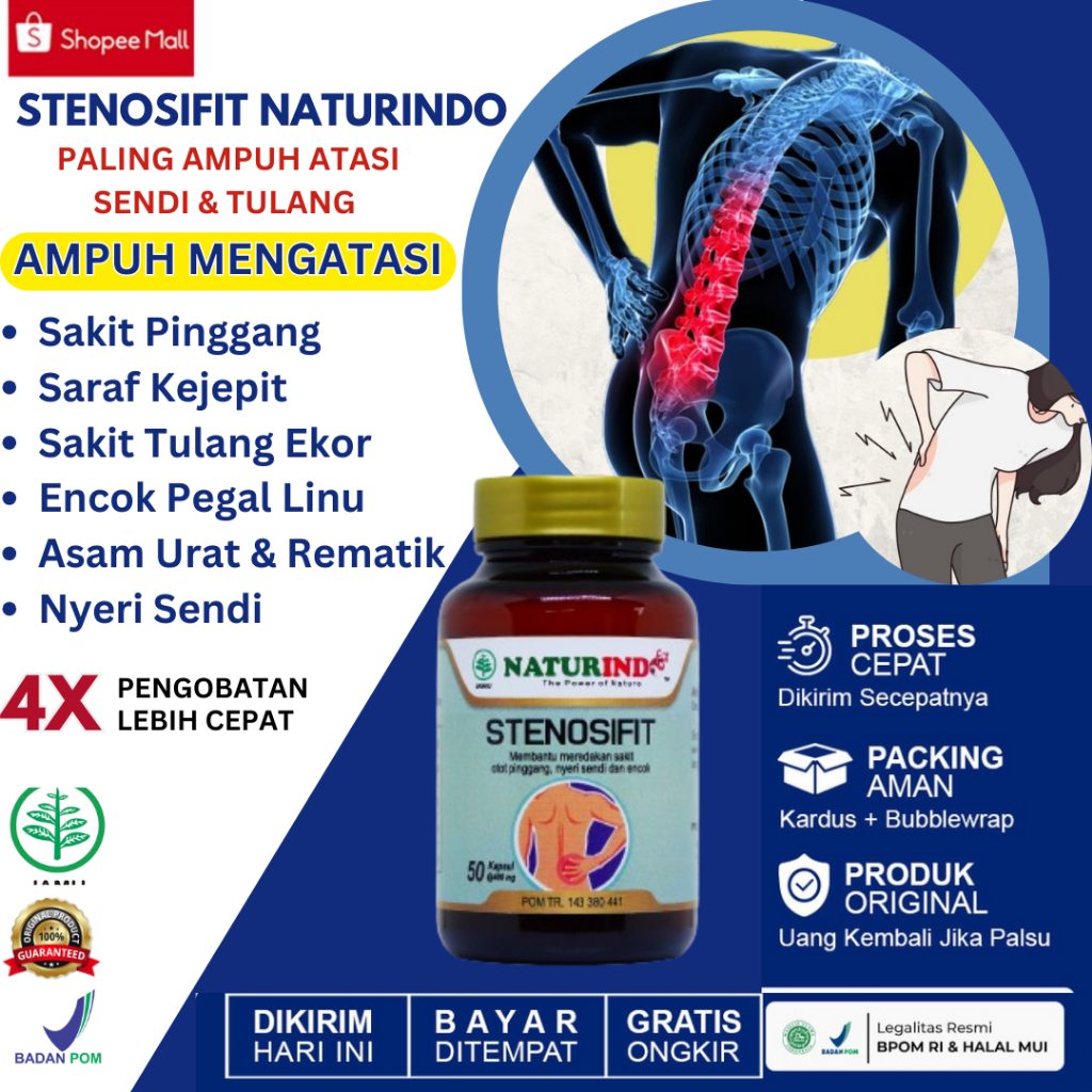 

Obat Sakit Pinggang Paling Ampuh Saraf Kejepit Tulang Ekor Encok Pegal Linu Asam Urat Rematik Nyeri Sendi Kesemutan Stenosifit Naturindo FIT 100% Original Herbal Bpom