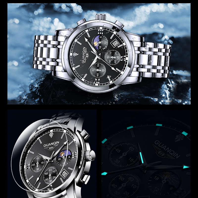 【GUANQIN】Jam Tangan Pria/Cowok 41mm ORIGINAL Mewah Waterproof/Tahan air Kronograf Quartz Analog GS19