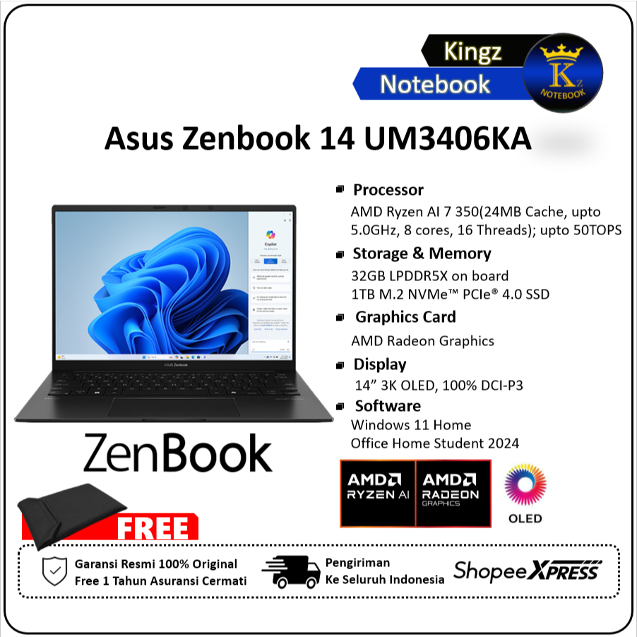 Asus Zenbook 14 UM3406KA OLED Ryzen AI 7 350 32GB 1TB Win11+OHS 14" 3K