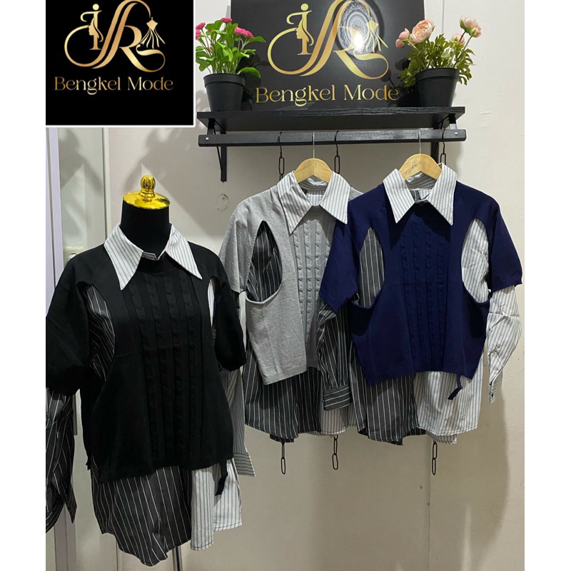 Kemeja Jumbo/oversize korean look garis-garis kombinasi rajut kekinian premium import Bangkok