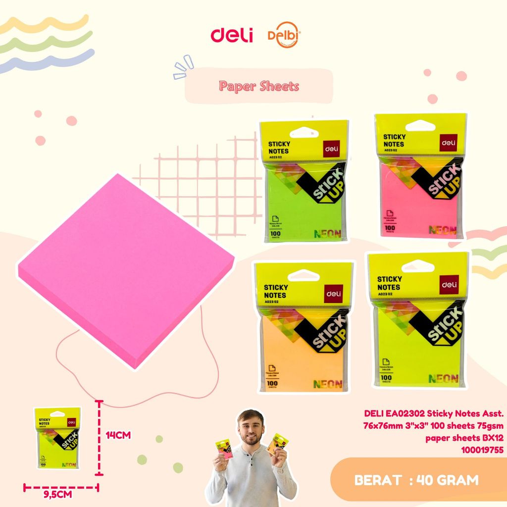 

DELI EA02302 Sticky Notes Asst. 76x76mm 3''x3'' 100 sheets 75gsm paper sheets