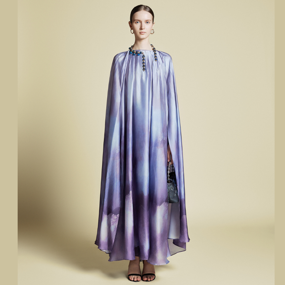 Kaftan Wanita Dress Muslim Premium DEMURE Cape Kaftan Silk Abstract Purple