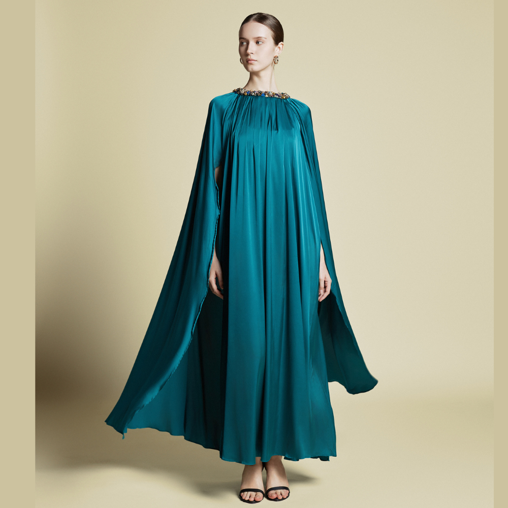 Kaftan Wanita Premium Crystal Embellished Cape Kaftan Emerald Green