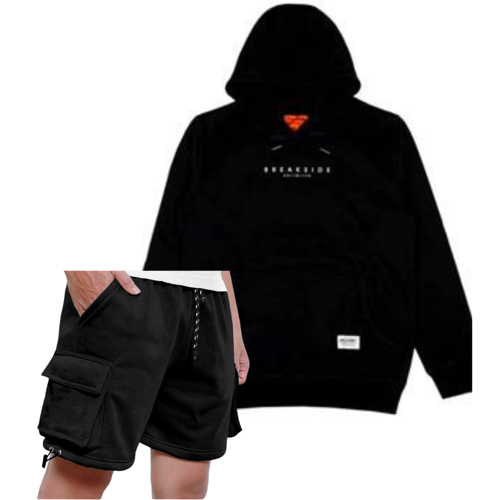 Breakside Hoodie Oversized Stelan Pria - Black Hodie+Celana Cargo Stelan Terbaru Cowok