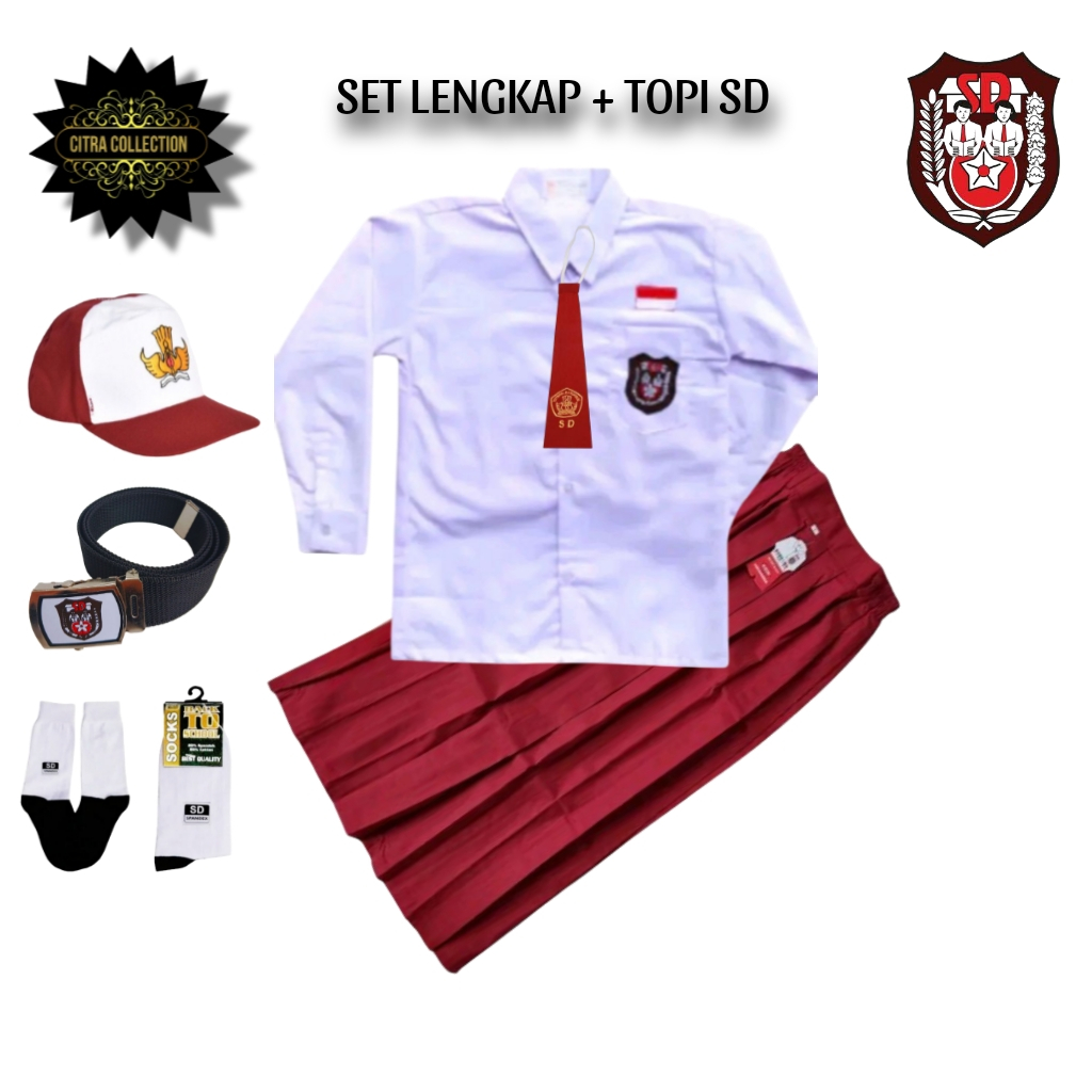 Setelan Seragam Sekolah SD Merah Putih Panjang Anak Perempuan Kelas 1-6 SD Lengkap Bonus Topi Gesper