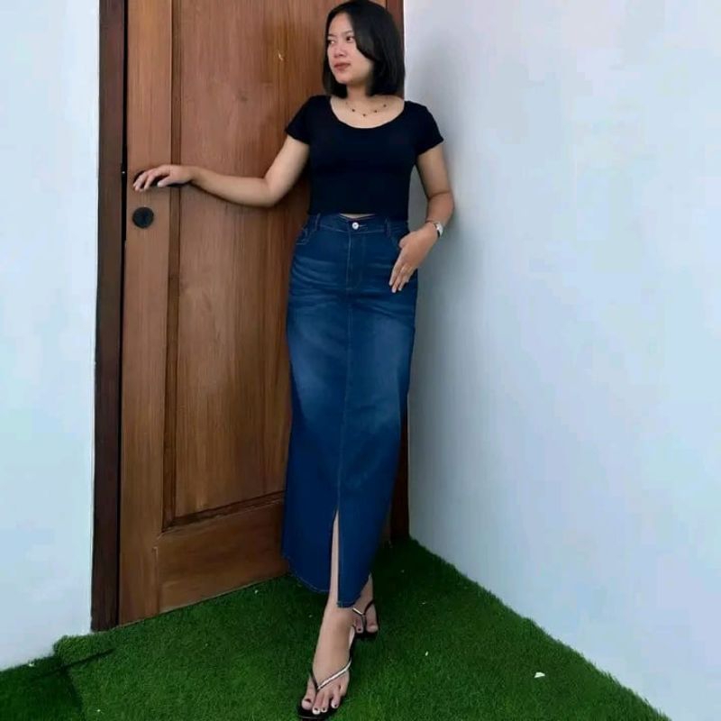 ROK CESSA JEANS BELAH SPAN PANJANG WANITA ROK DENIM JINS STRETCH ROK HIGHWAIST