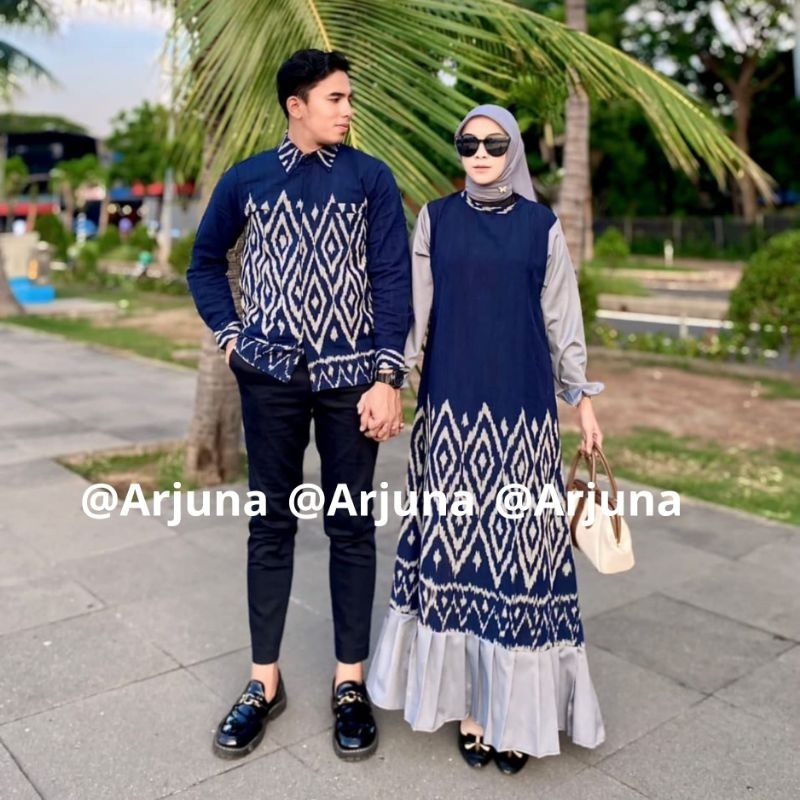Arjuna.ethnic - Baju Tenun Couple Dress Karina Navy Kondangan Sarimbit Pasangan Gamis Muslim Wanita 
