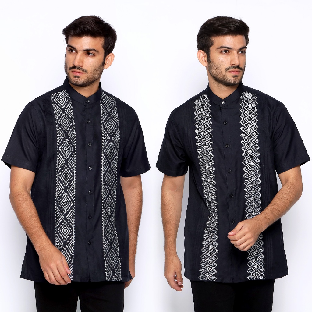 Casella Baju Koko Pria Lengan Pendek Pleats Embroidery | Baju Koko Hitam Lengan Pendek