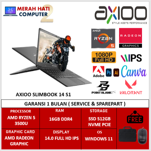 Laptop Axioo Slimbook 14 S1 Amd ryzen 5 3500U ram 16gb ssd 512gb 14 full hd ips windows 11 pro