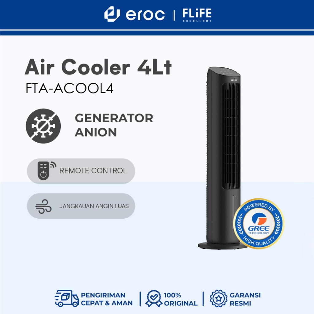 GREE - FLIFE Tower Fan Air Cooler - Anion Generator - Tirai Es Plant Fibre - Kapasitas 4 Liter