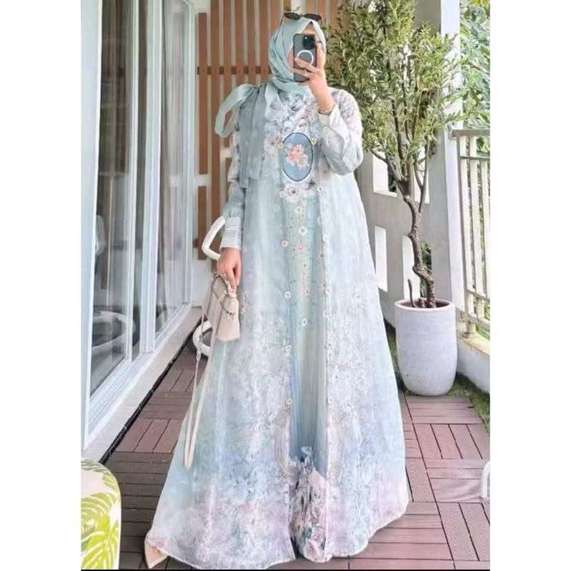 Gamis Sultan set hijab bahan Bridal Printing x Organza Motif Bunga Original By Pesona OMG