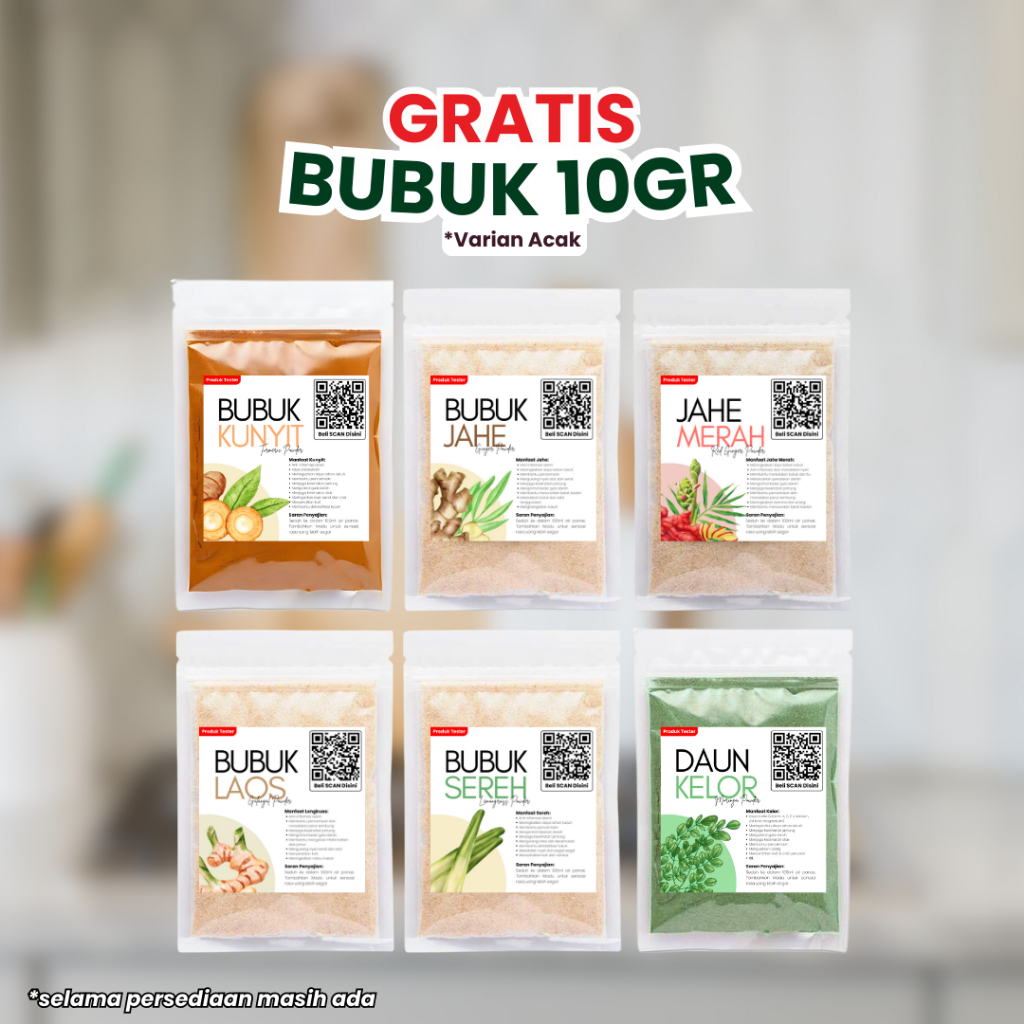 

FREE GIFT Bubuk 10gram Tester Random (Kunyit, Kelor, Jahe, Laos, Jahe Merah, Sereh)