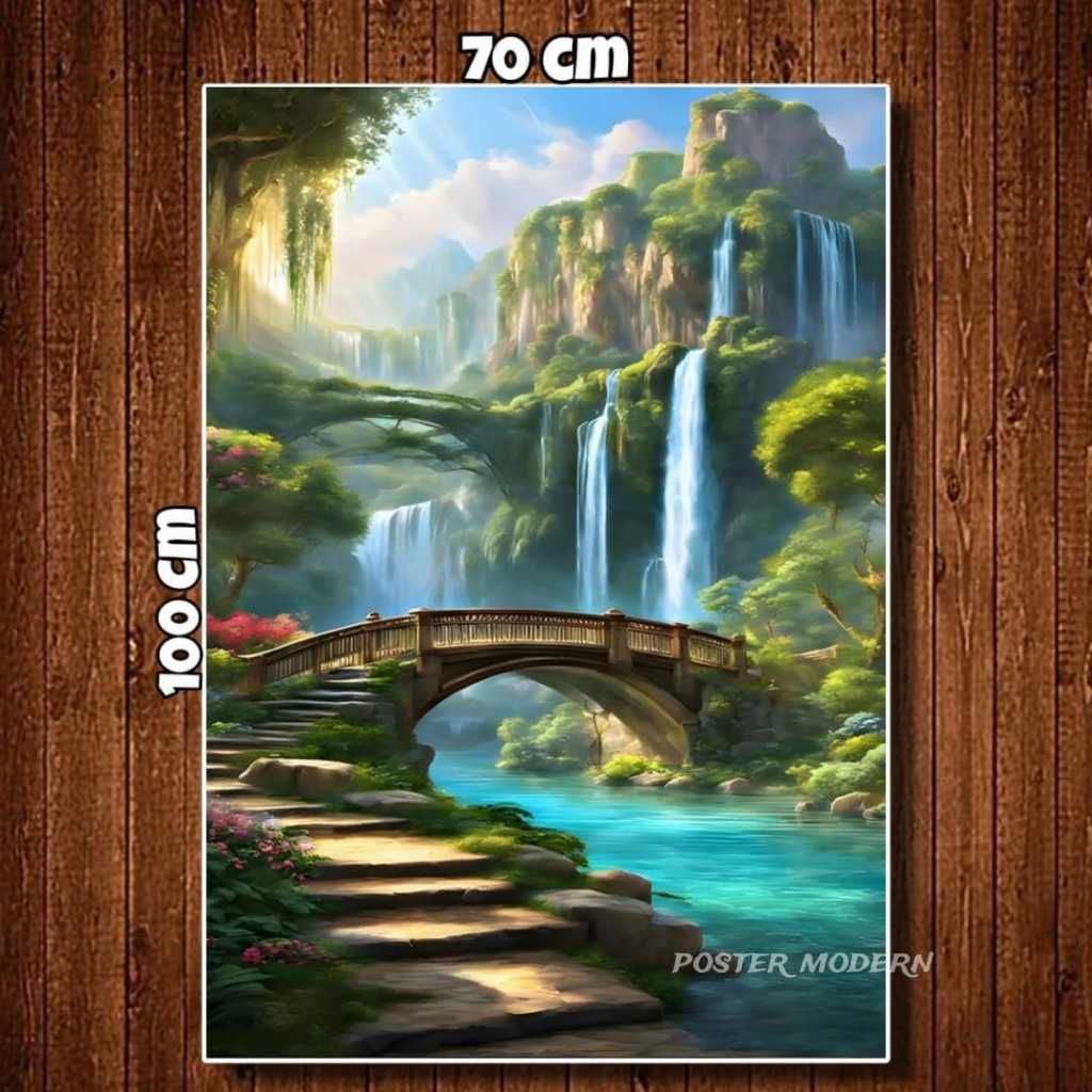 Poster Modern - Lukisan Poster Cetak PEMANDANGAN AIR TERJUN DAN DANAU big jumbo ukuran 50x100cm 70x1