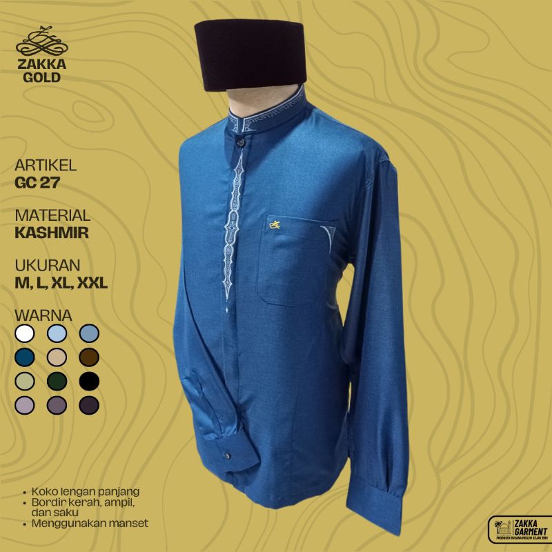Baju Koko Lengan Panjang Pria – Koko Bordir Elegan Kashmir Premium Manset | Zakka Gold GC 27