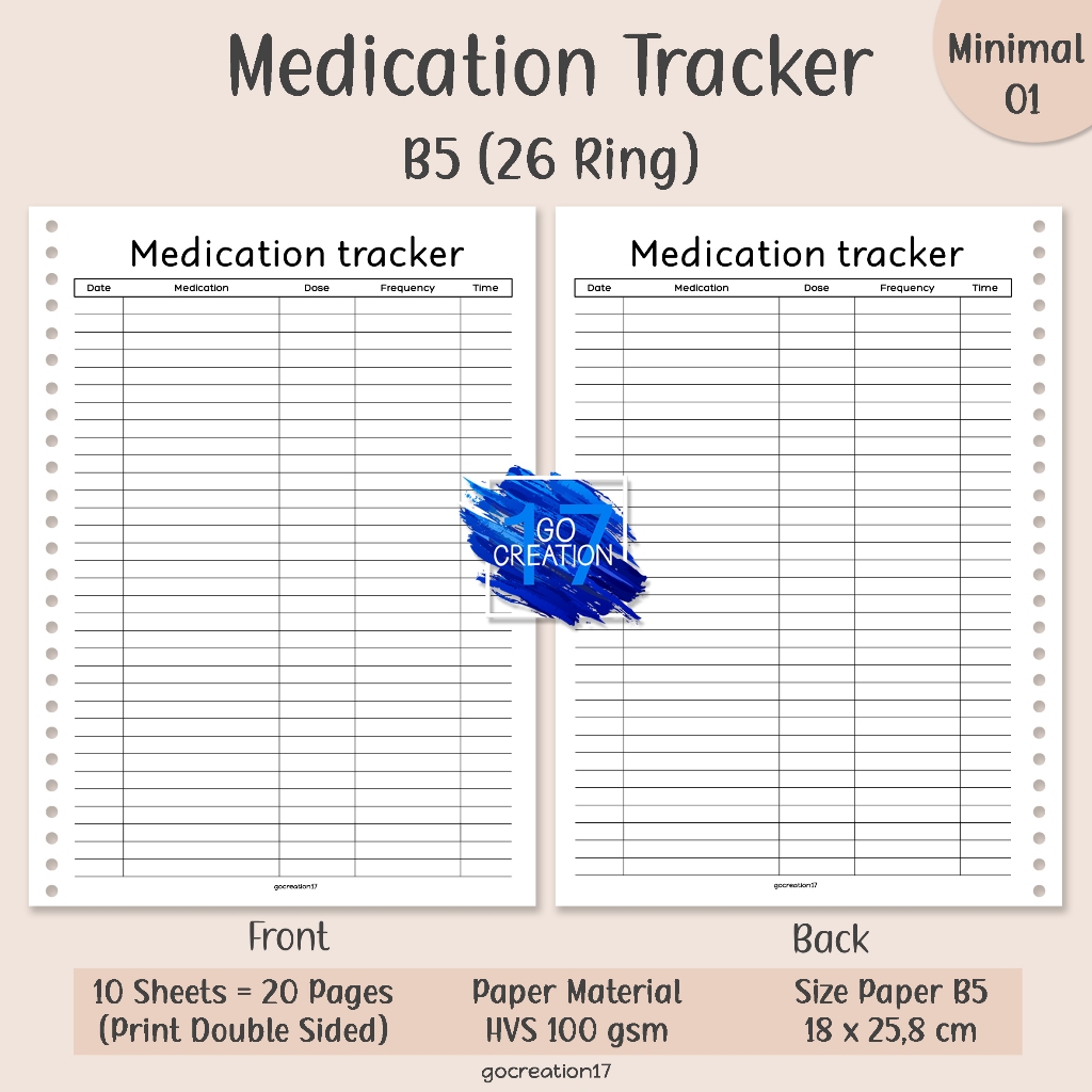

Buku Planner Kertas Isi Binder Medication Tracker Simple Minimalis B5