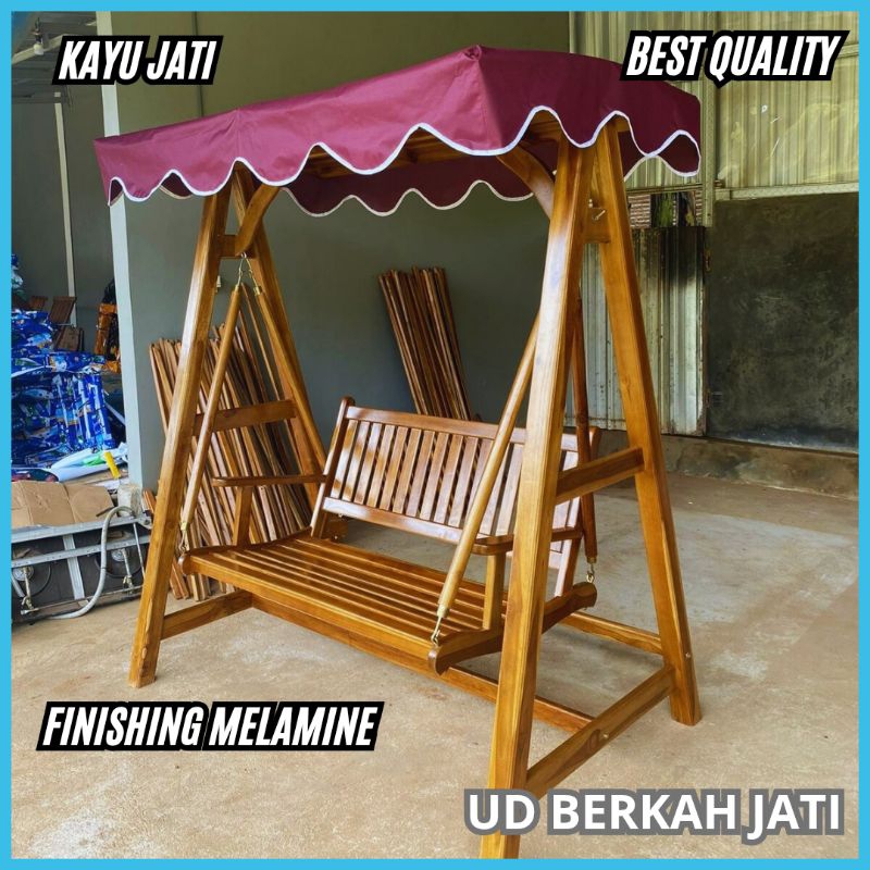 kursi ayunan kayu jati gantung kanopi teras outdoor model minimalis produk asli Jepara