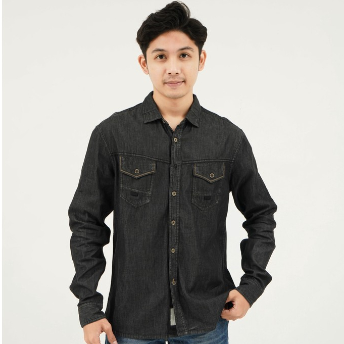 X8 Mechoir Shirts - Kemeja Lengan Panjang Polos Two Pocket Hitam