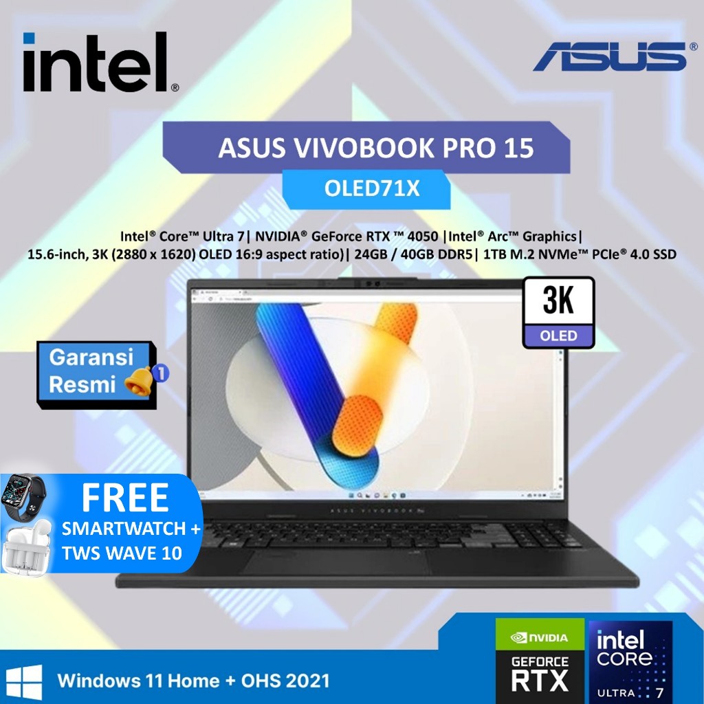 Laptop Asus Vivobook Pro 15 OLED N6506MU Ultra 7-155H 1TB RTX4050 15.6" 3K 120Hz W11 OHS