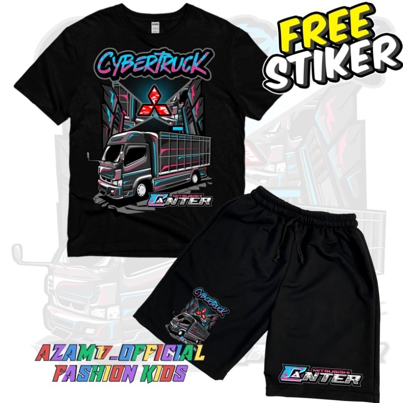 FREE STIKER SETELAN KAOS BAJU CELANA PENDEK ANAK TRUK OLENG CYBERTRUCK / SETELAN KAOS CELANA BOARDSH