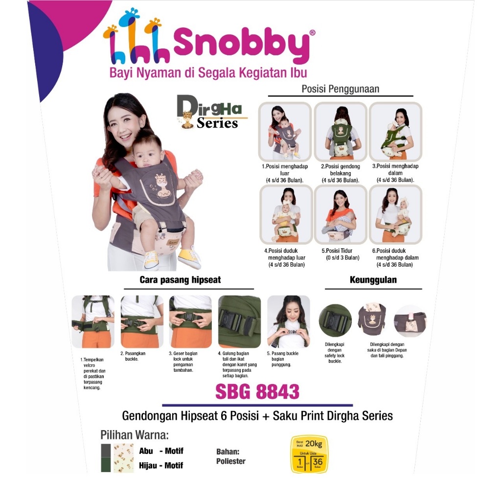 Snobby Gendongan Bayi Hipseat 6 Posisi Saku Sirkulasi Krowy Series - SBG 8743 / Snobby Hipseat Twiza