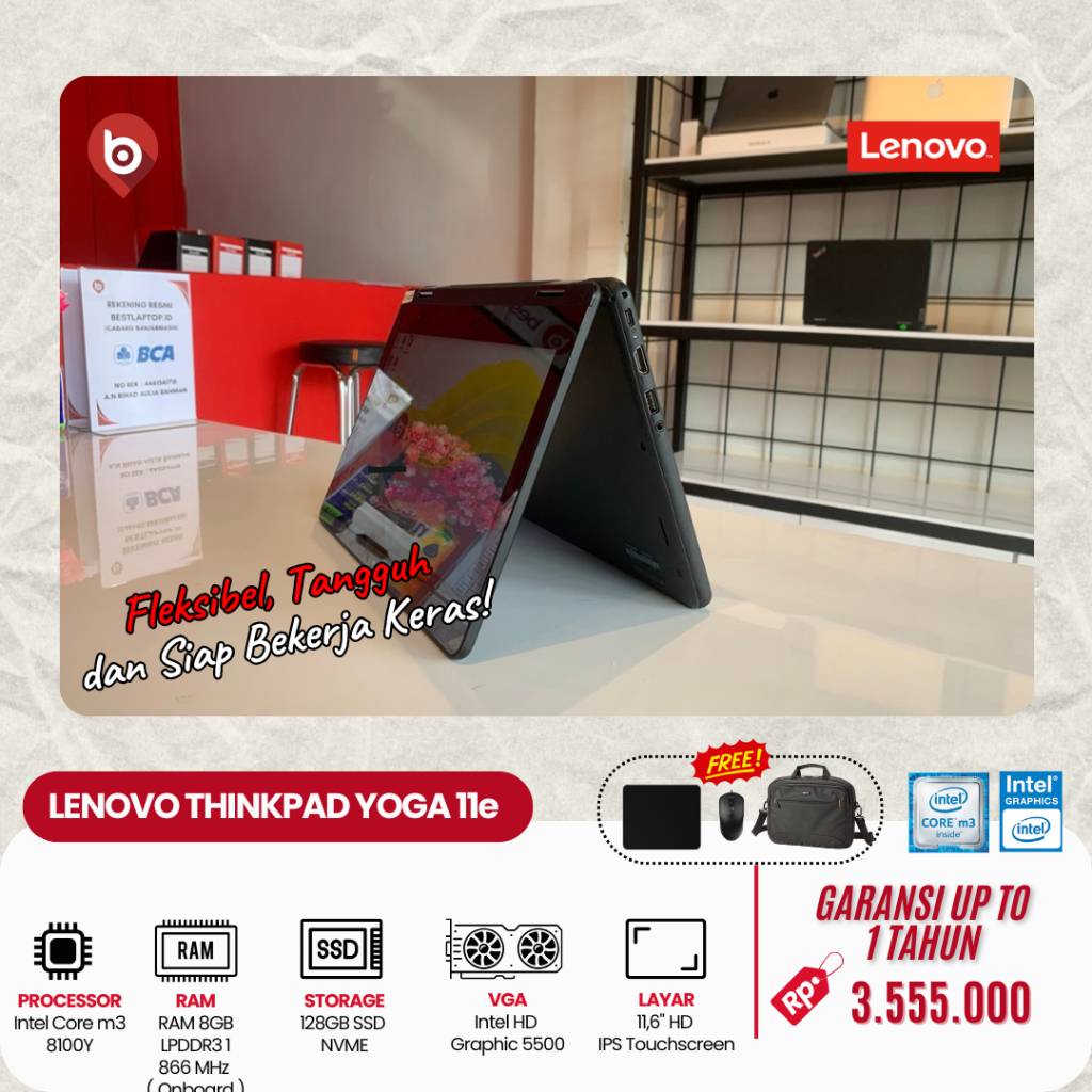 Laptop Second Premium Lenovo Thinkpad Yoga 11e Intel Core m3 RAM 8GB SSD 128GB Garansi Up To 1 Tahun