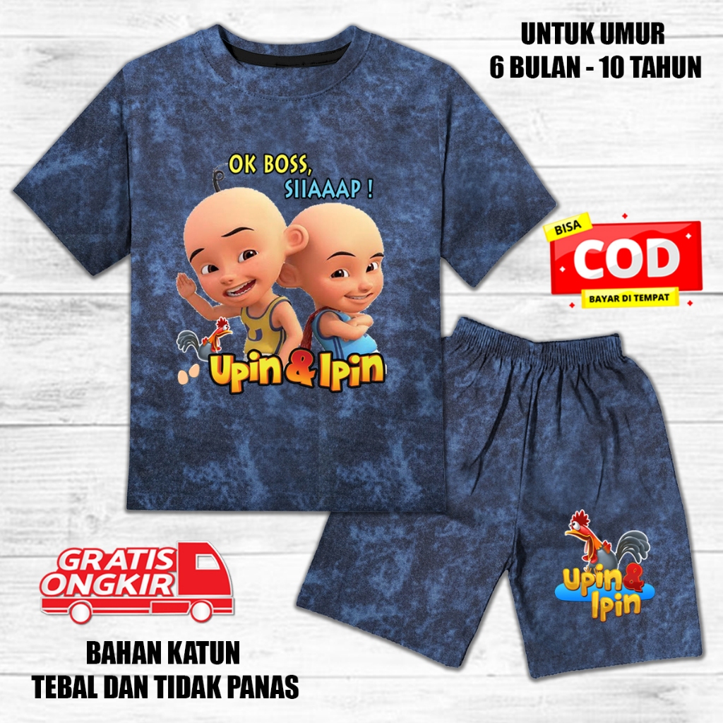 Setelan denim jeans anak laki laki perempuan lengan pendek set baju kaos anak upin ipin ok siap