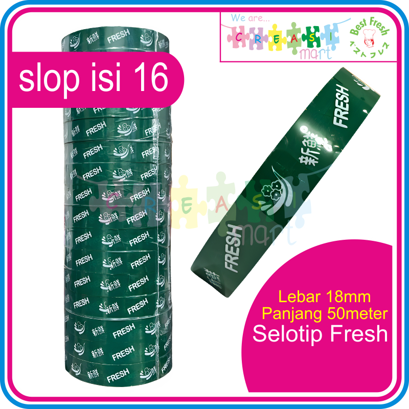 

Fresh Selotip slop isi 16rol Lebar 18mm Panjang 50meter, Sealer / Segel / Solasi Fresh Plastik Buah