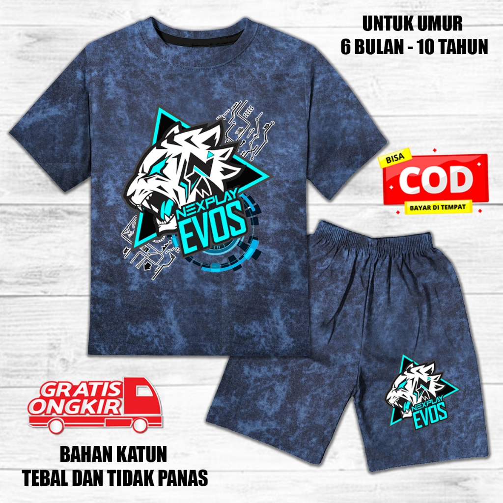Setelan denim jeans anak laki laki perempuan lengan pendek set baju kaos anak evos 1