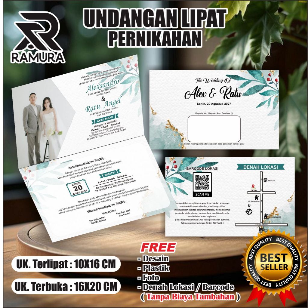 Undangan Lipat Pernikahan Minimalis C ( Free Desain, Foto, Denah Lokasi, Barcode Lokasi, Plastik )