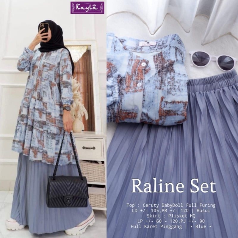 Raline Setelan Wanita (Atasan&Rok) Bahan Ceruty Babydoll Full Furing mix Plisket ORI by Kayla