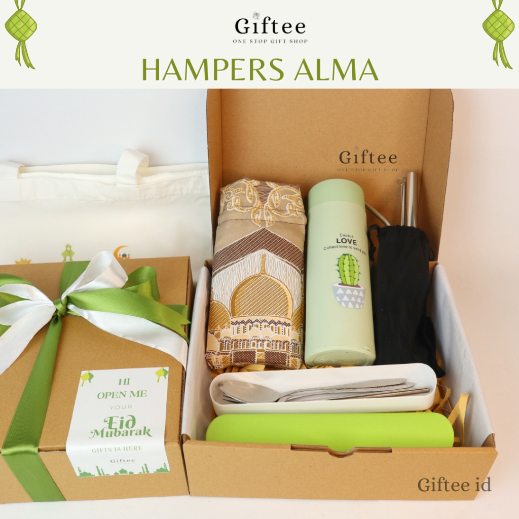 

HAMPERS LEBARAN ALMA SET ALAT MAKAN CUTLERY SAJADAH SENDOK GARPU SUMPIT BOTOL TOTE BAG REUSABLE LUNCH GIFT SET BOX KADO LEBARAN HADIAH SOUVENIR LEBARAN PARCEL BINGKISAN IDUL FITRI EID MUBARAK RAMADHAN RAMADAN MURAH BY GIFTEE ID