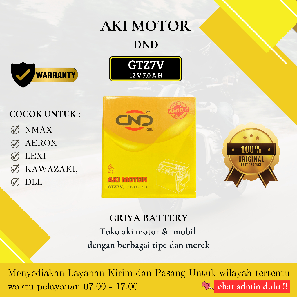 AKI DND GTZ7V MF KERING 8 Ampere - Untuk Yamaha NMAX, AEROX, Lexi, dan Lainnya