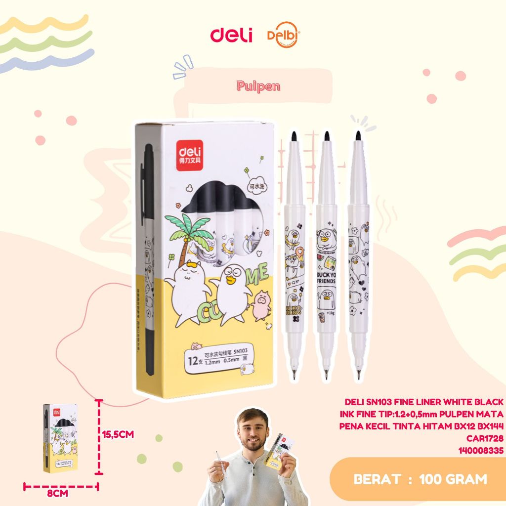 

DELI SN103 FINE LINER WHITE BLACK INK FINE TIP:1.2+0,5mm PULPEN MATA PENA KECIL TINTA HITAM