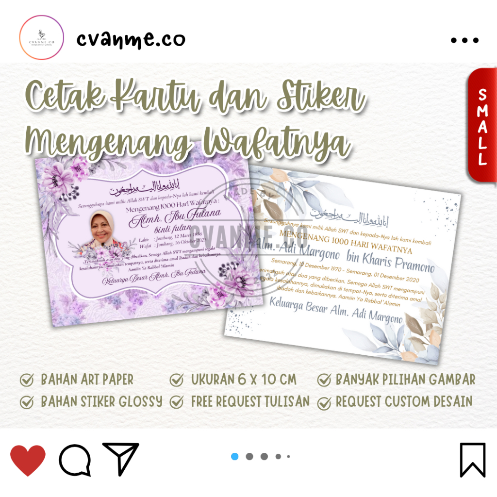 

S | Cetak Kartu /Stiker Mengenang 40 | 100 | 1000 Hari Wafatnya | Custom Stiker | Custom Kartu | Mengenang Wafatnya | Ukuran 10 x 8 CM