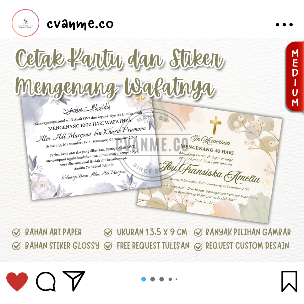 

M | Cetak Kartu /Stiker Mengenang 40 | 100 | 1000 Hari Wafatnya | Custom Stiker | Custom Kartu | Mengenang Wafatnya | Ukuran 12 x 10 CM