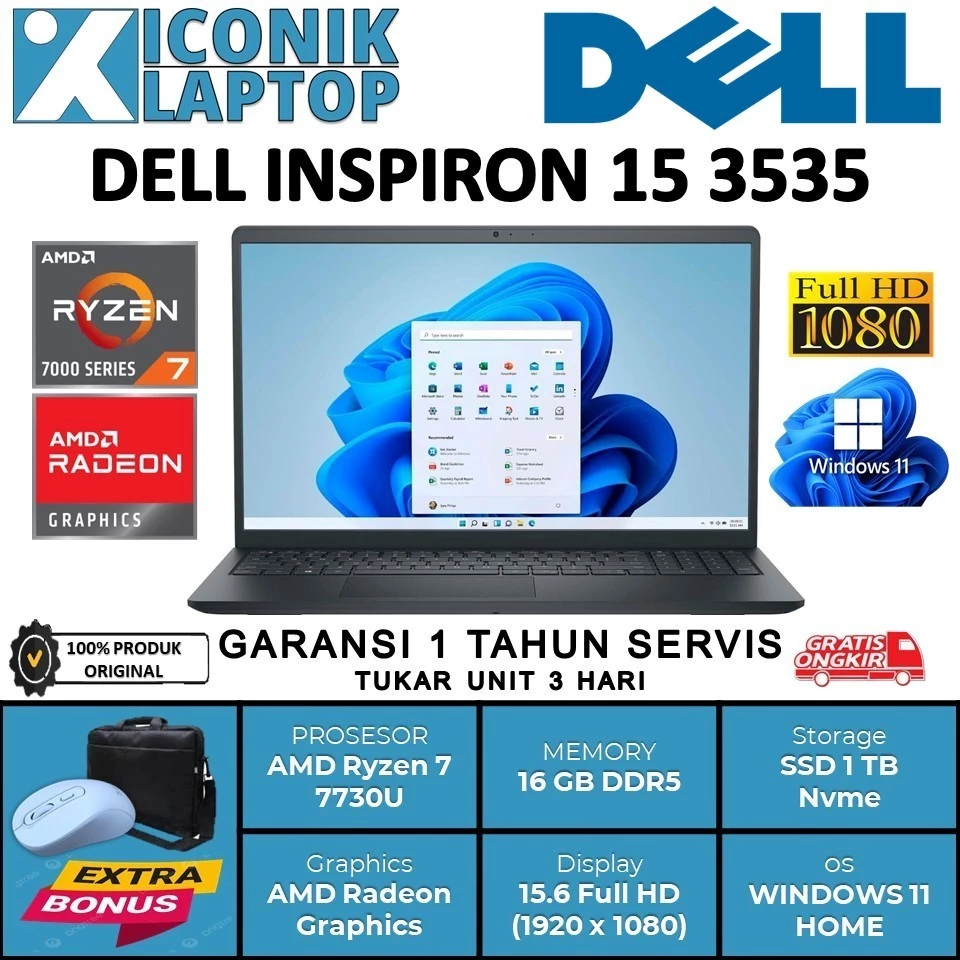 Laptop Dell Inspiron 15 3535 AMD Ryzen 7 7730U Ram 16GB DDR5 1TB SSD AMD RADEON VEGA  Black
