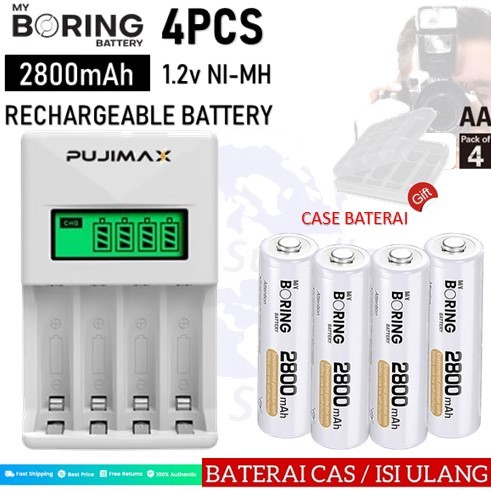 Paket Baterai Rechargeable My Boring PRO AA 4 pcs 2800MAH + Charger LCD