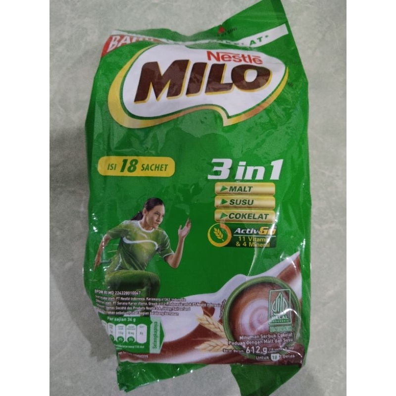 

Milo minuman serbuk cokelat dengan malt dan susu nestle milo 3in1 18 sch@34g