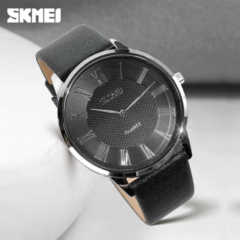 Jam Tangan Analog Pria Warna Hitam Unik Stylish Kulit Sintetis Waterproof