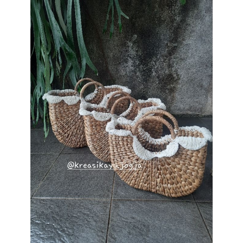 Tas Anyaman Enceng Gondok Dengan Makrame / Wadah Hampers Enceng Gondok / Tas Hampers