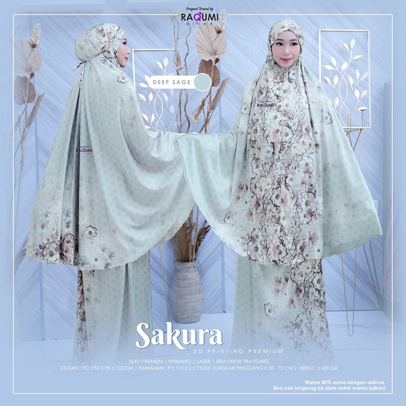 MUKENA SAKURA 3D PRINTING PREMIUM, BAHAN SILKY PREMIUM FINISHING LASSER, MUKENA VIRAL, BY RAQUMI HIJ