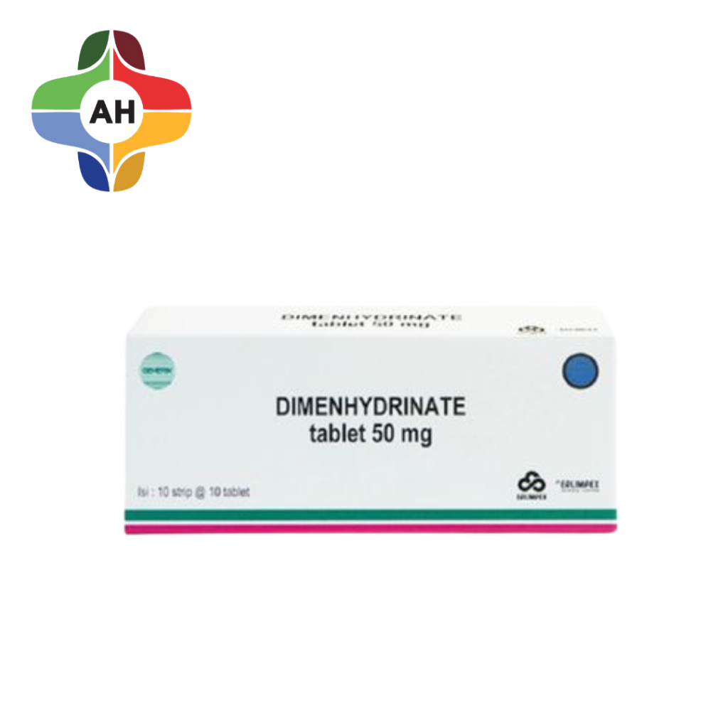 Dimenhydrinate 50 mg Strip 10 Tablet ( Obat Mabuk Perjalanan ) / apotek hutama